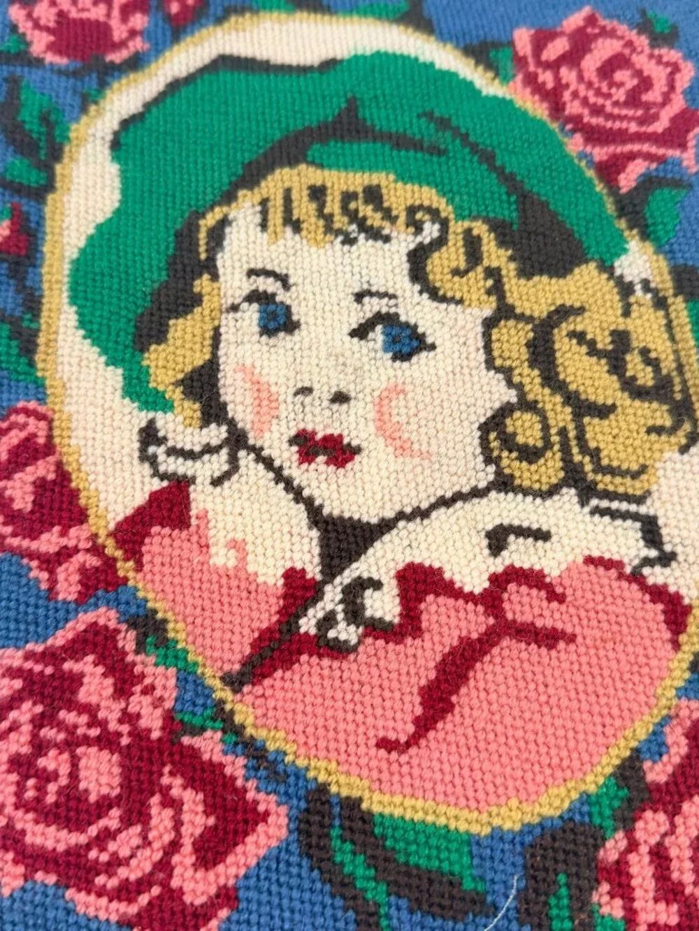 Vintage Needlepoint Victorian Blonde Girl Blue Eyes Roses Green Hat 8x11